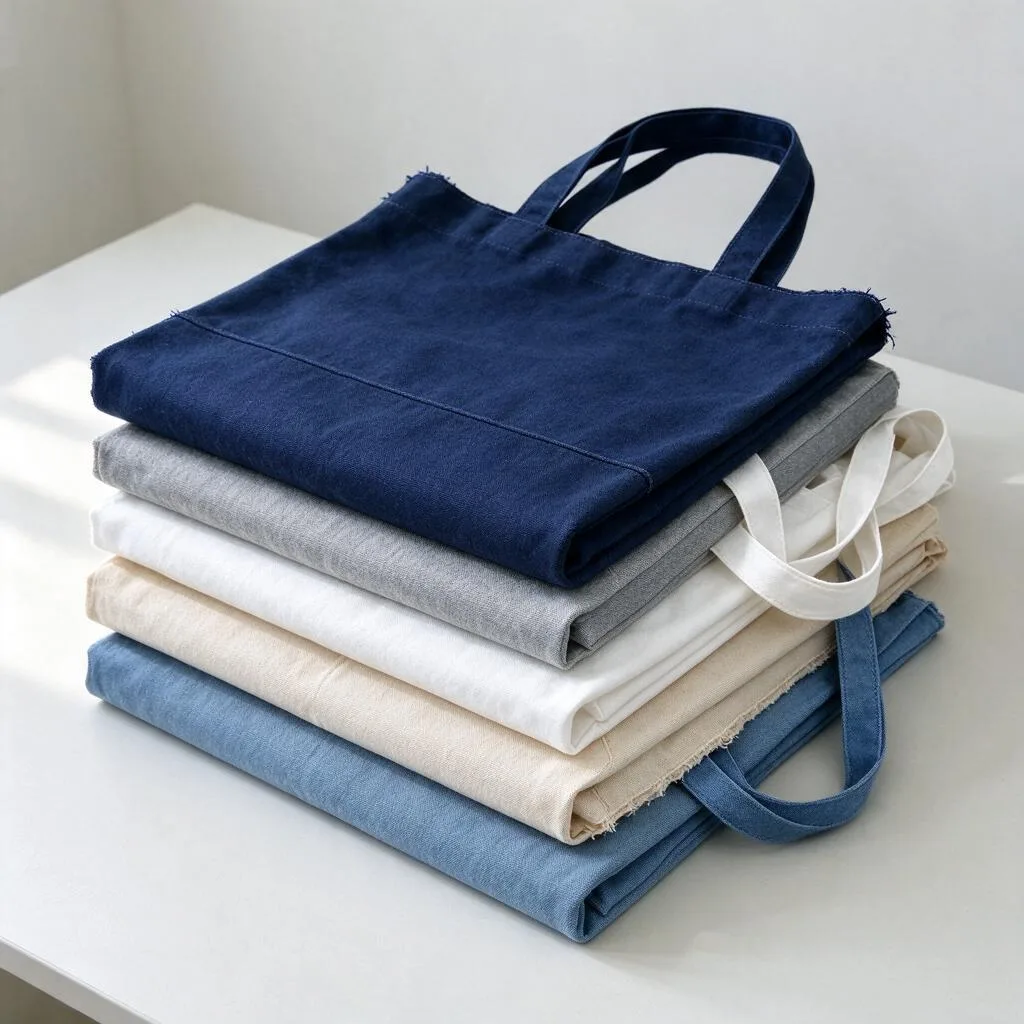 Illustration of plain fabric tote bags in muted tones folded in a neat stack on a pale surface