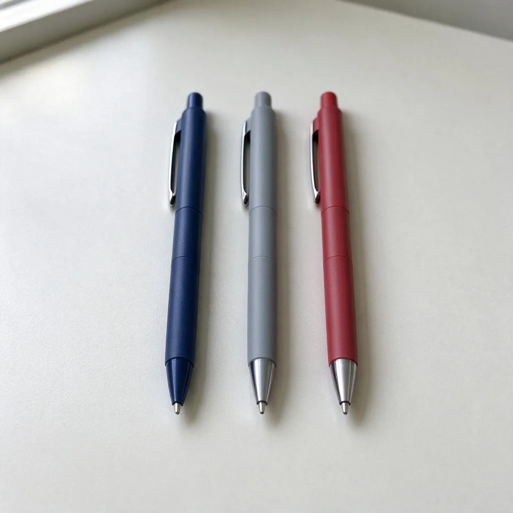 Illustration of ball pens in navy, grey and red tones arranged in a row on a pale table
