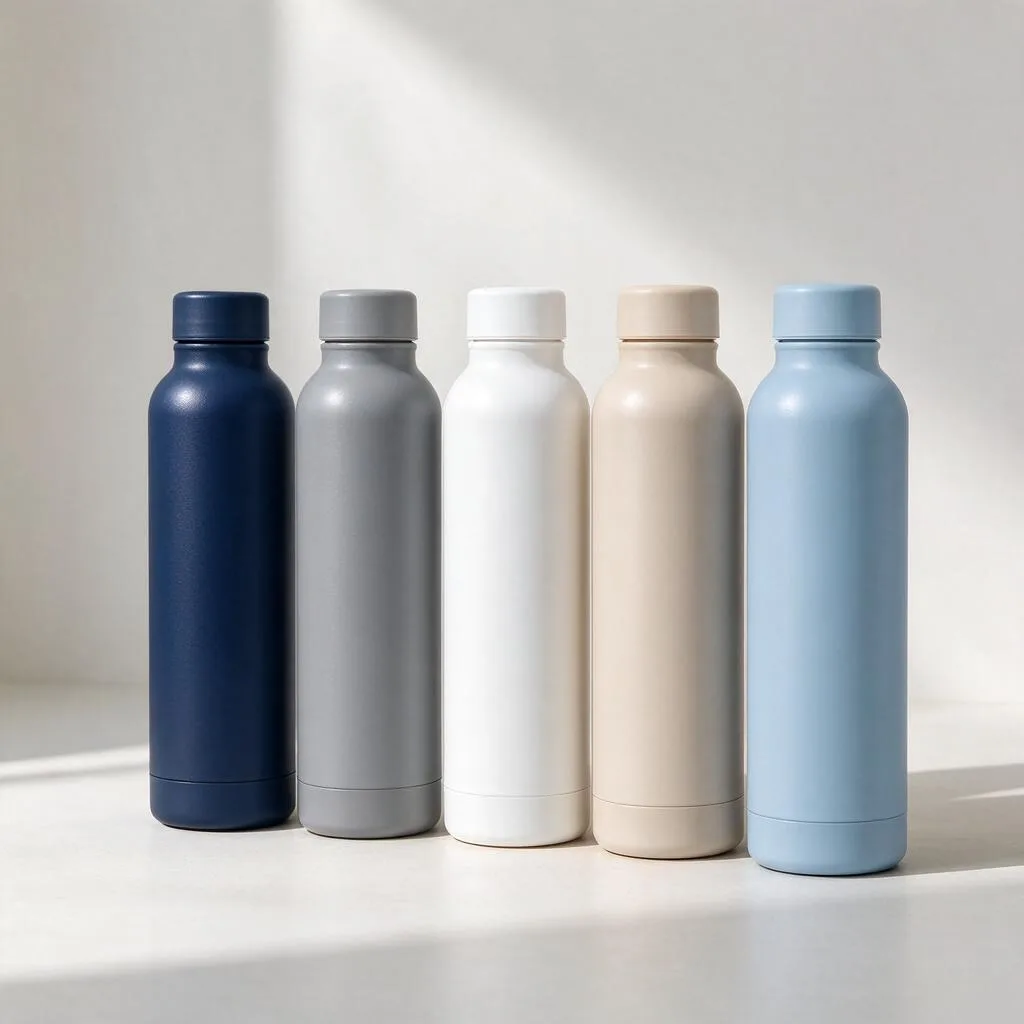 Illustration of plain water bottles in muted tones standing on a pale surface