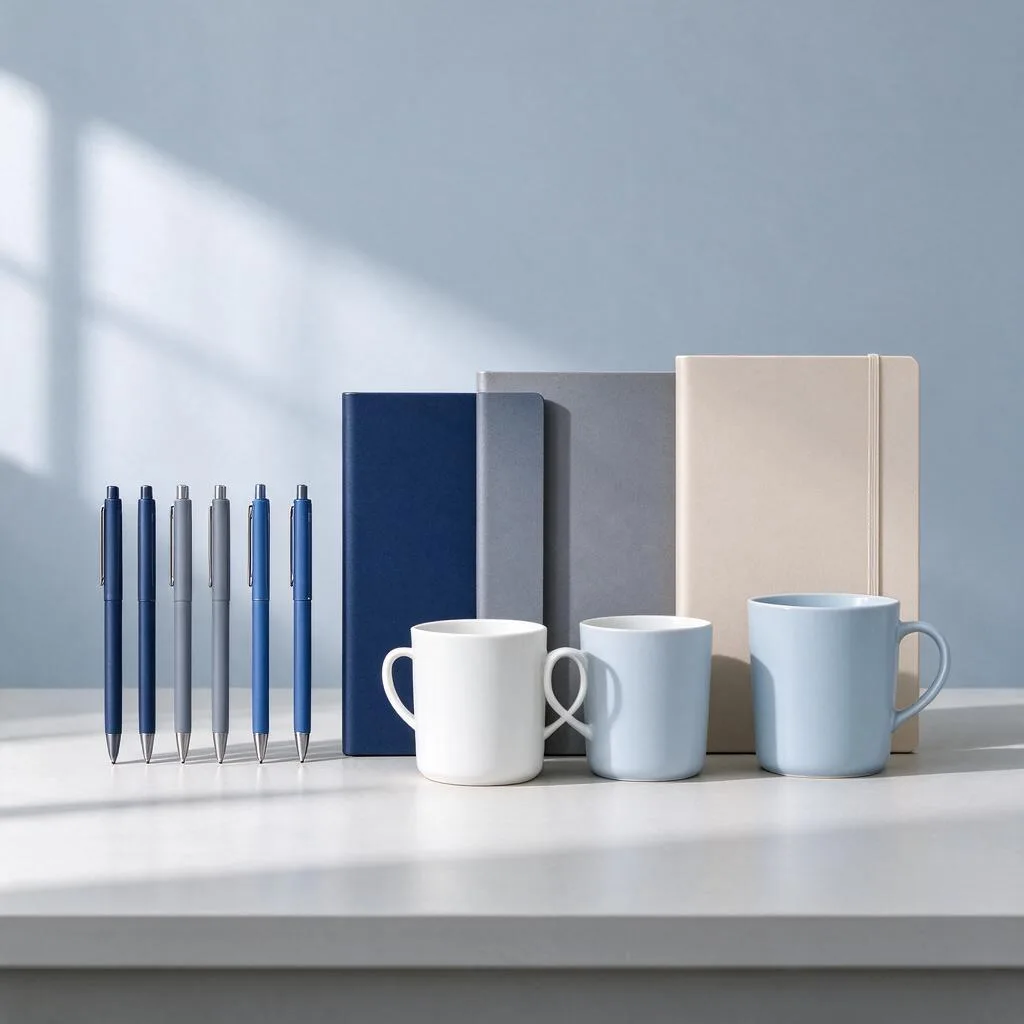 Illustration of a tidy display table with pens, mugs and notebooks arranged in a row