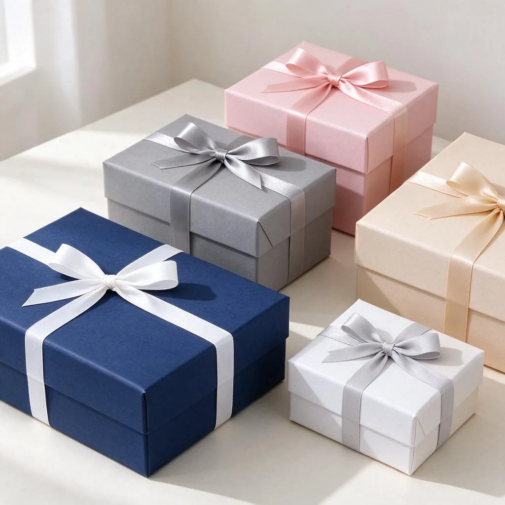 Illustration of wrapped gift boxes in muted tones with plain paper on a pale table
