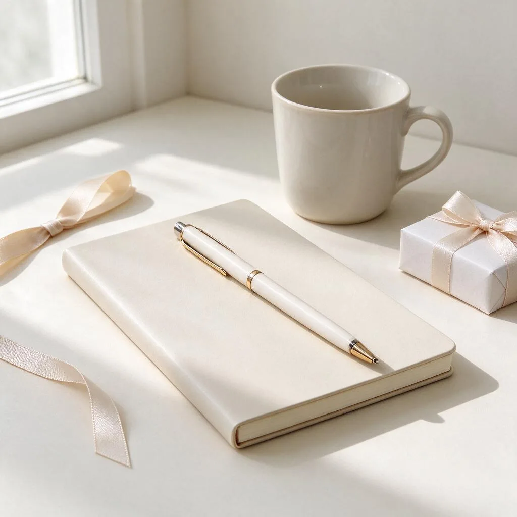 Illustration of a pen, a notebook and a mug arranged on a pale table