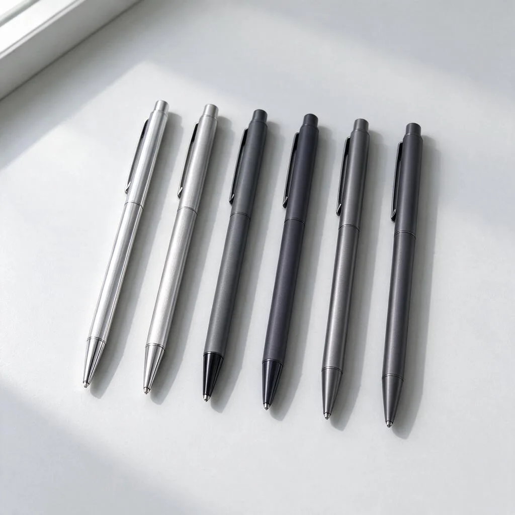 Illustration of slim metal pens in silver and dark grey tones lying in a row on a pale surface