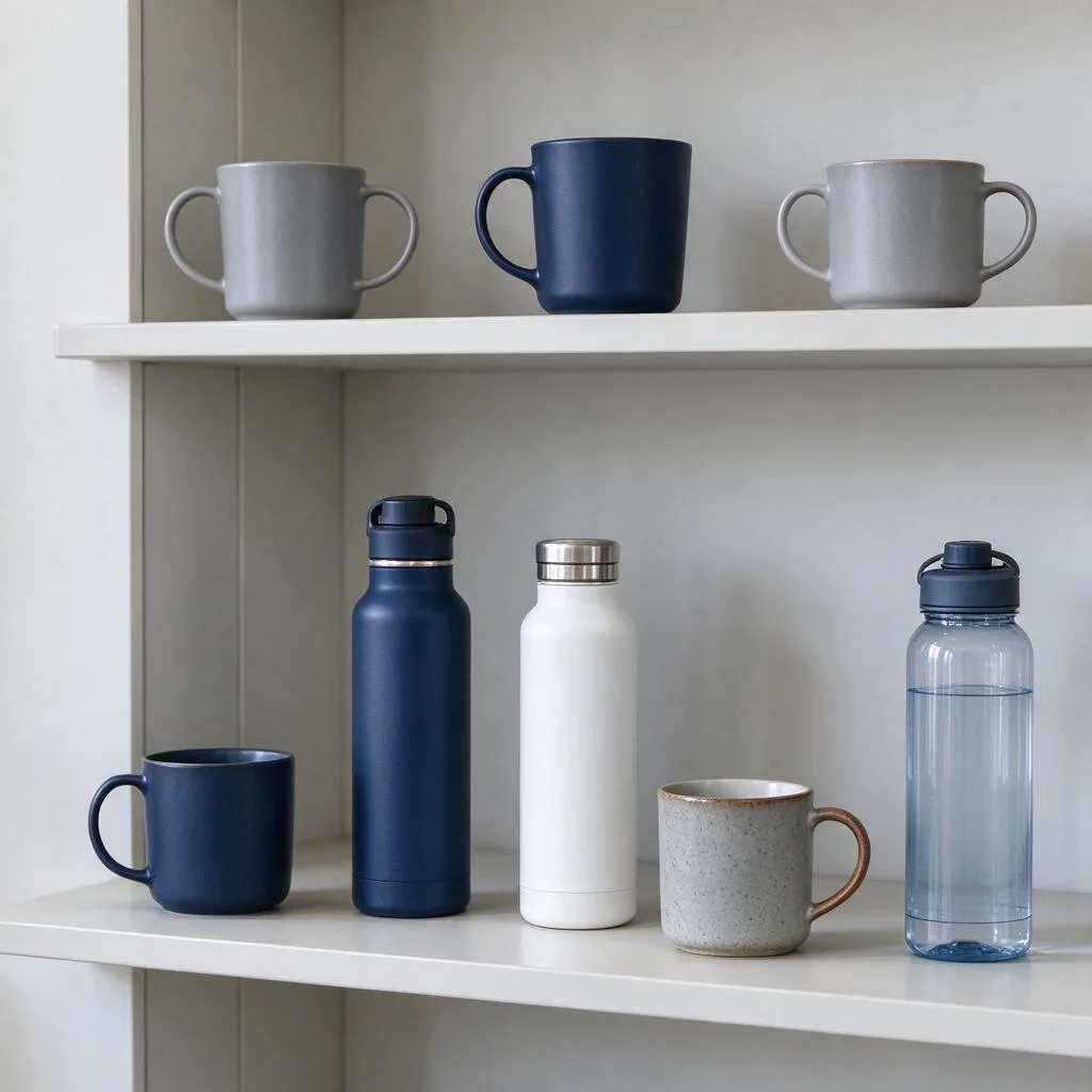 Illustration of mugs and water bottles in navy, grey, white, blue and brown tones on a pale shelf