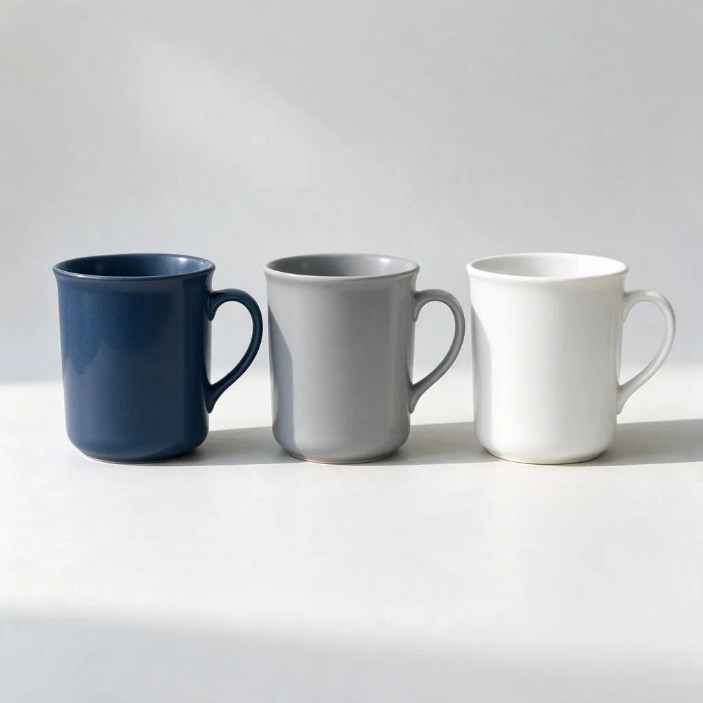 Illustration of plain mugs in muted tones standing in a row on a pale surface