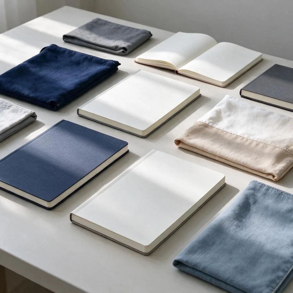 Illustration of notebooks and folded fabric bags arranged on a pale table