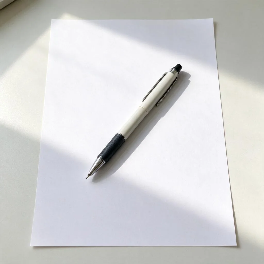 Illustration of a pen resting on a blank sheet of paper on a desk