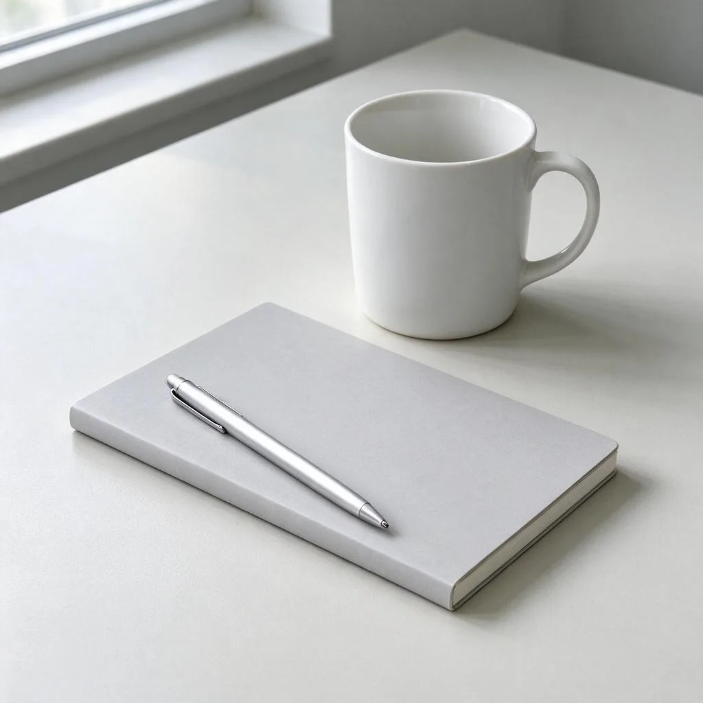 Illustration of a pen, a mug and a notebook arranged on a pale desk