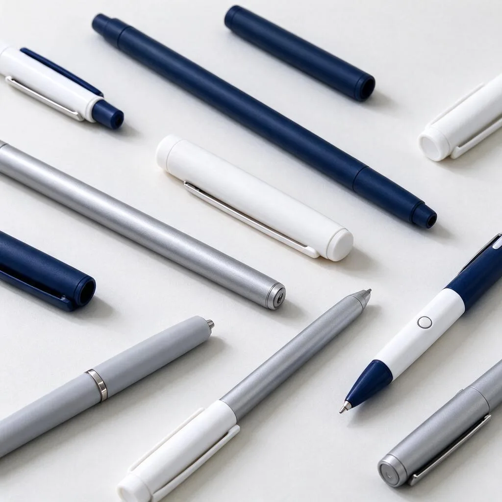 Illustration of pens in different shapes in navy, grey and white tones on a pale surface