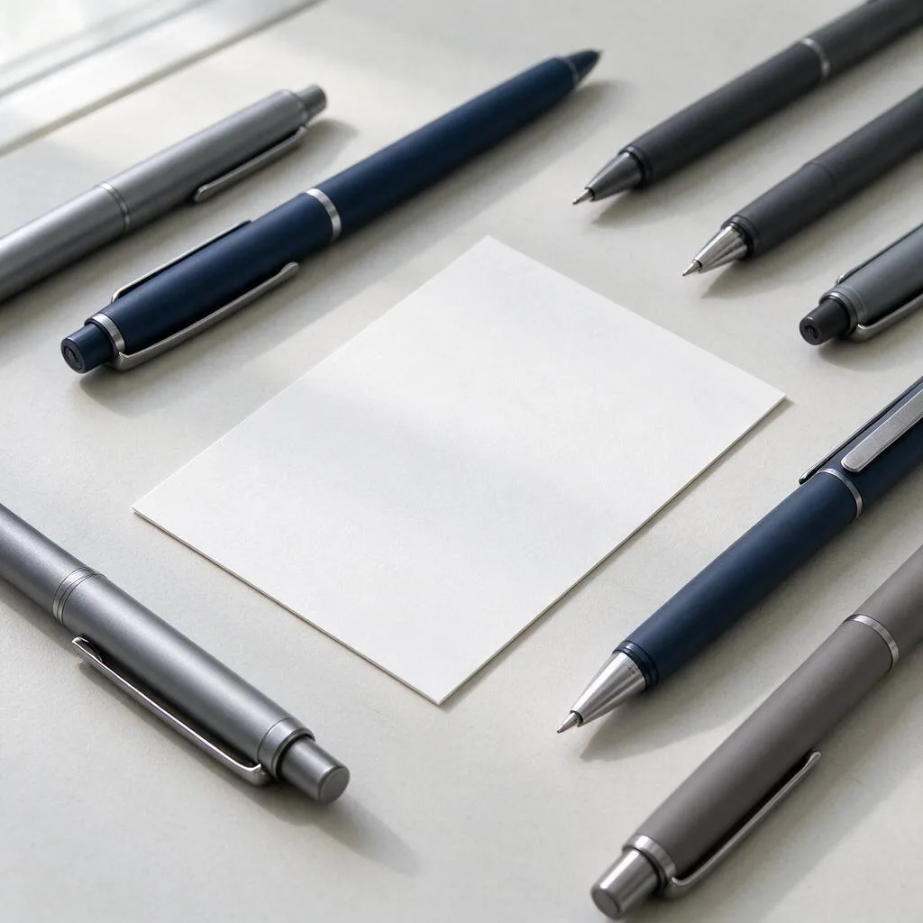 Illustration of pens and a blank card arranged on a pale desk
