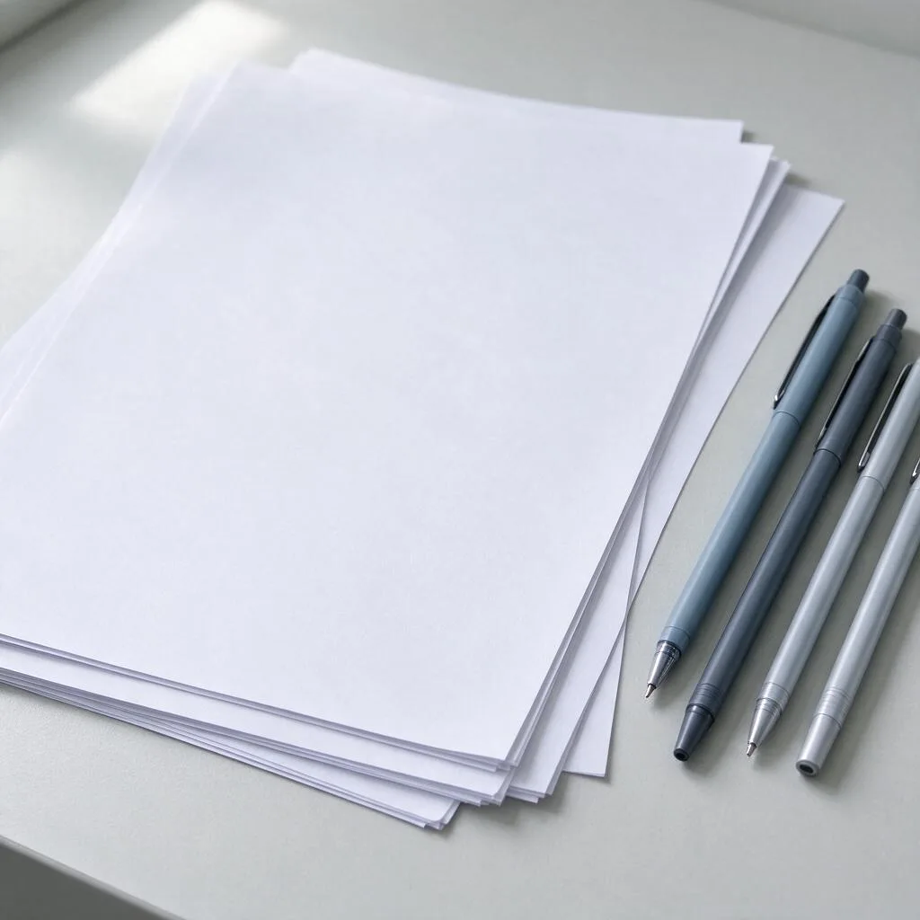 Illustration of pens arranged beside blank paper sheets on a pale desk