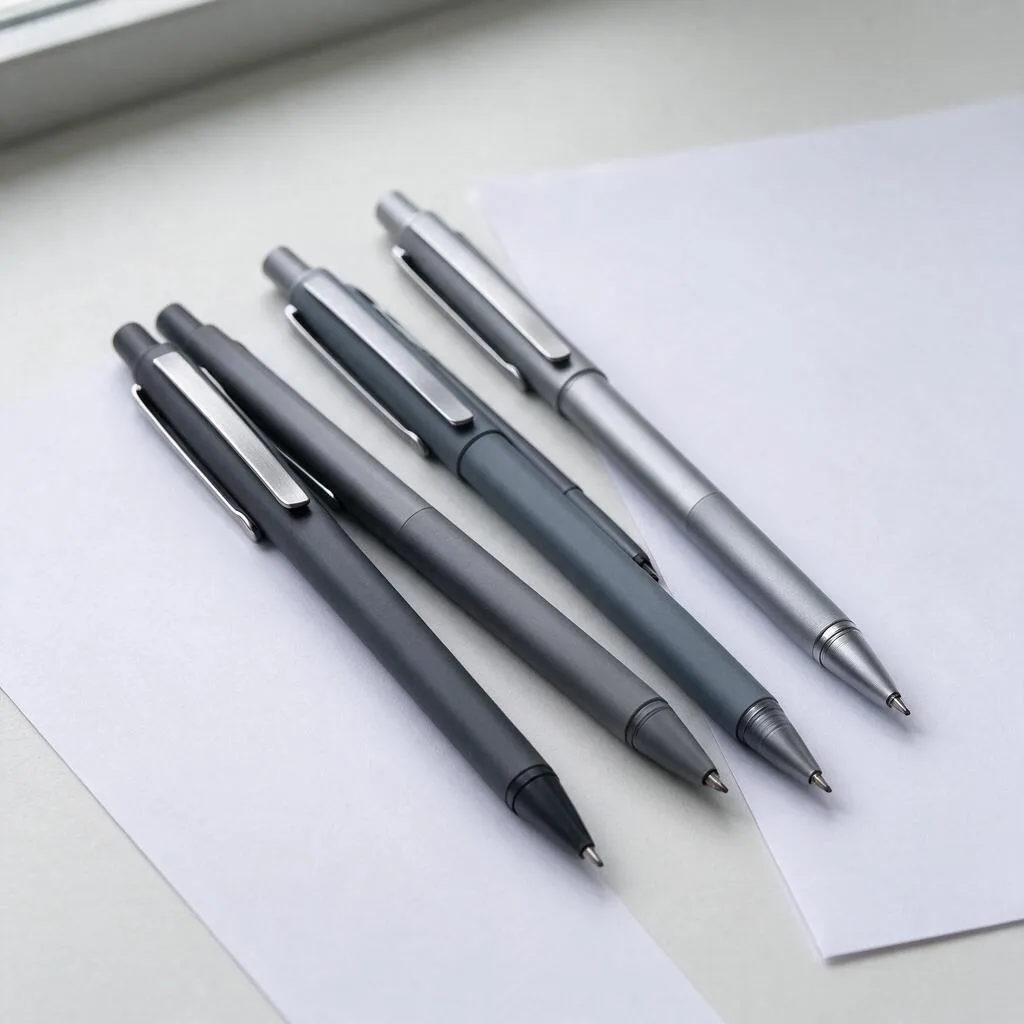 Illustration of pens in muted grey tones on a pale surface beside blank paper