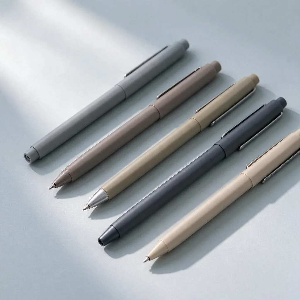 Illustration of pens in muted grey and beige tones on a plain pale surface
