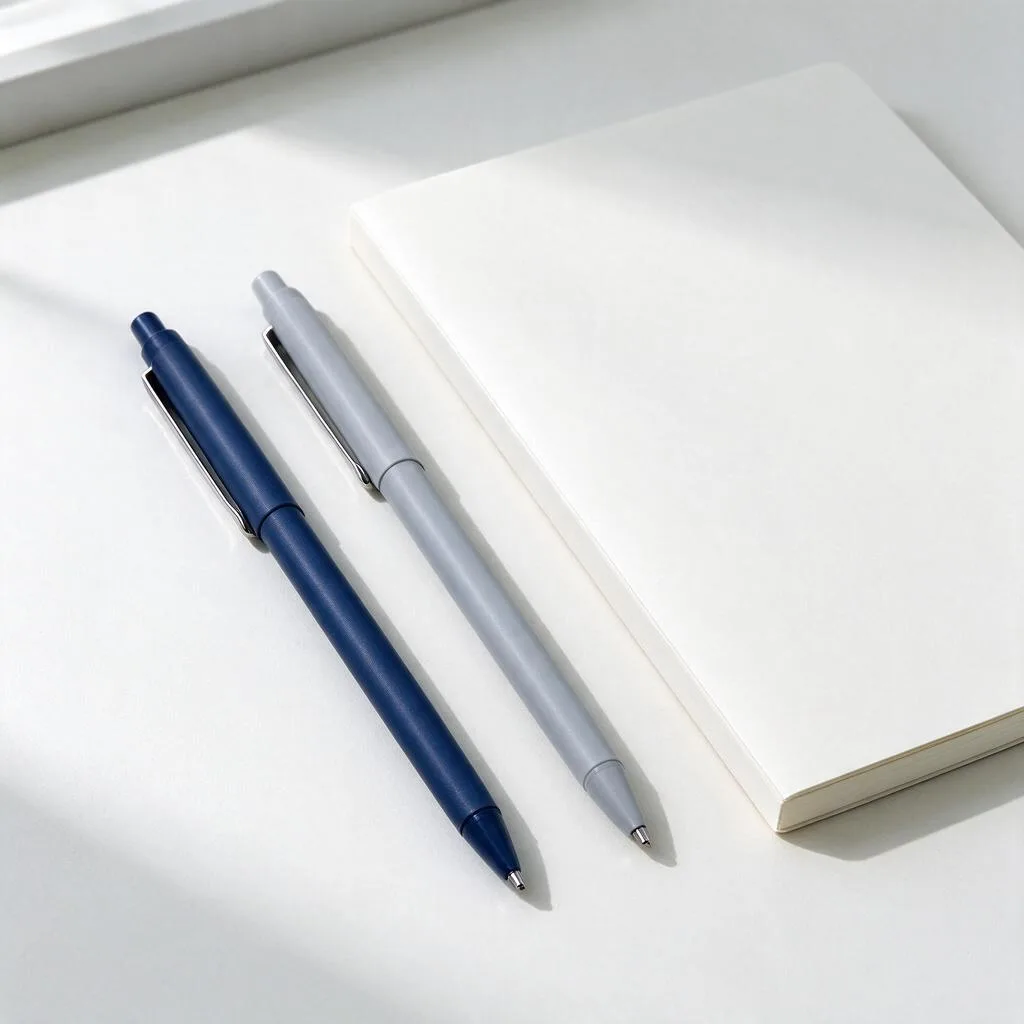 Illustration of pens with navy and grey barrels beside a blank notebook on a pale desk