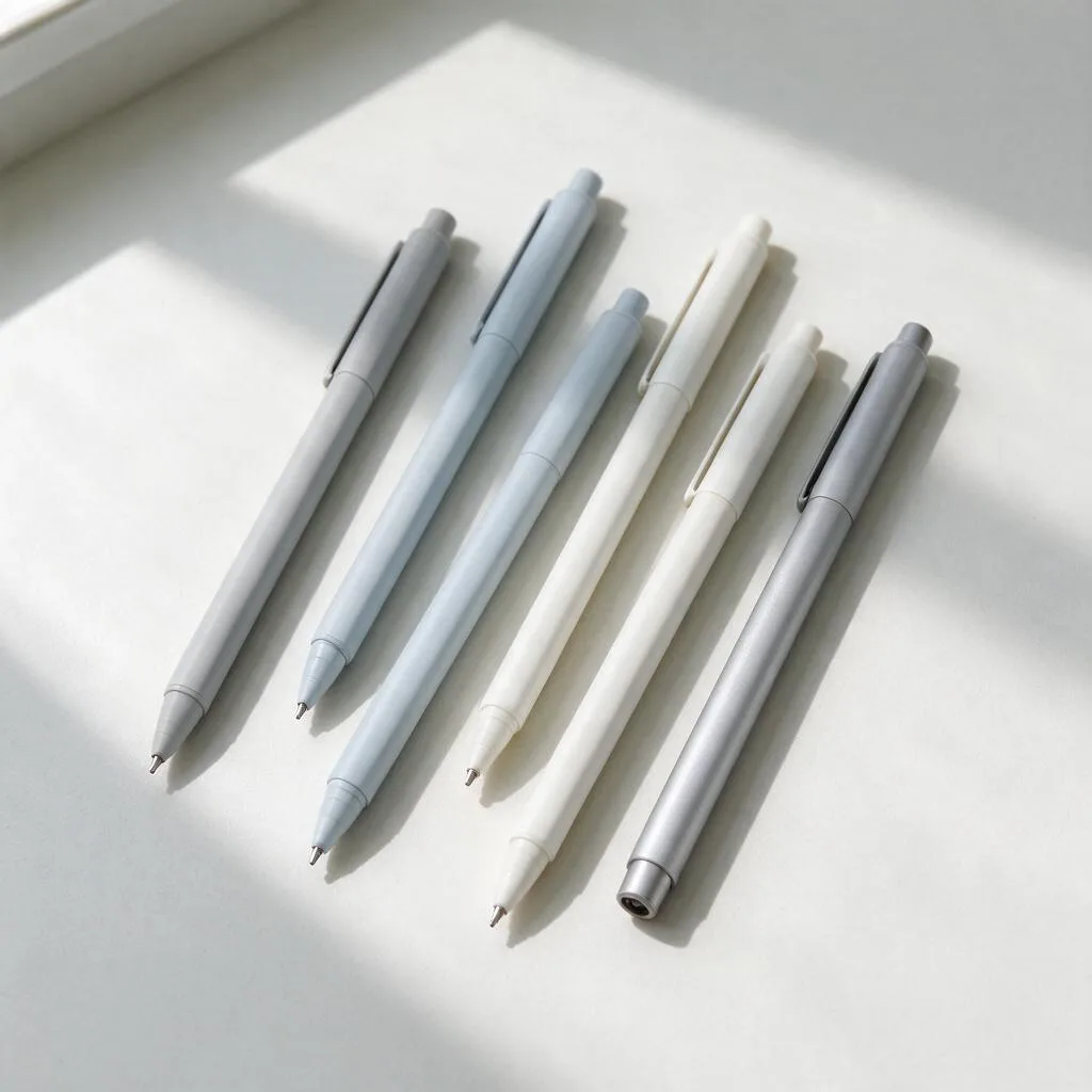 Illustration of plain pens without marks lying on a pale surface