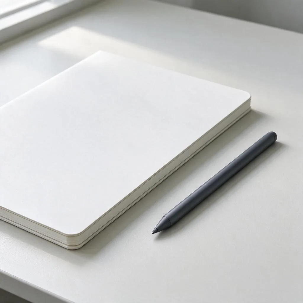 Illustration of a slim stylus pen lying beside a blank notebook on a pale desk