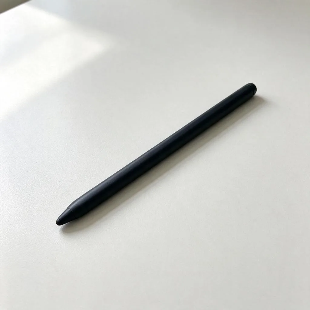 Illustration of a single slim matte dark stylus pen with a rounded tip lying on a pale desk