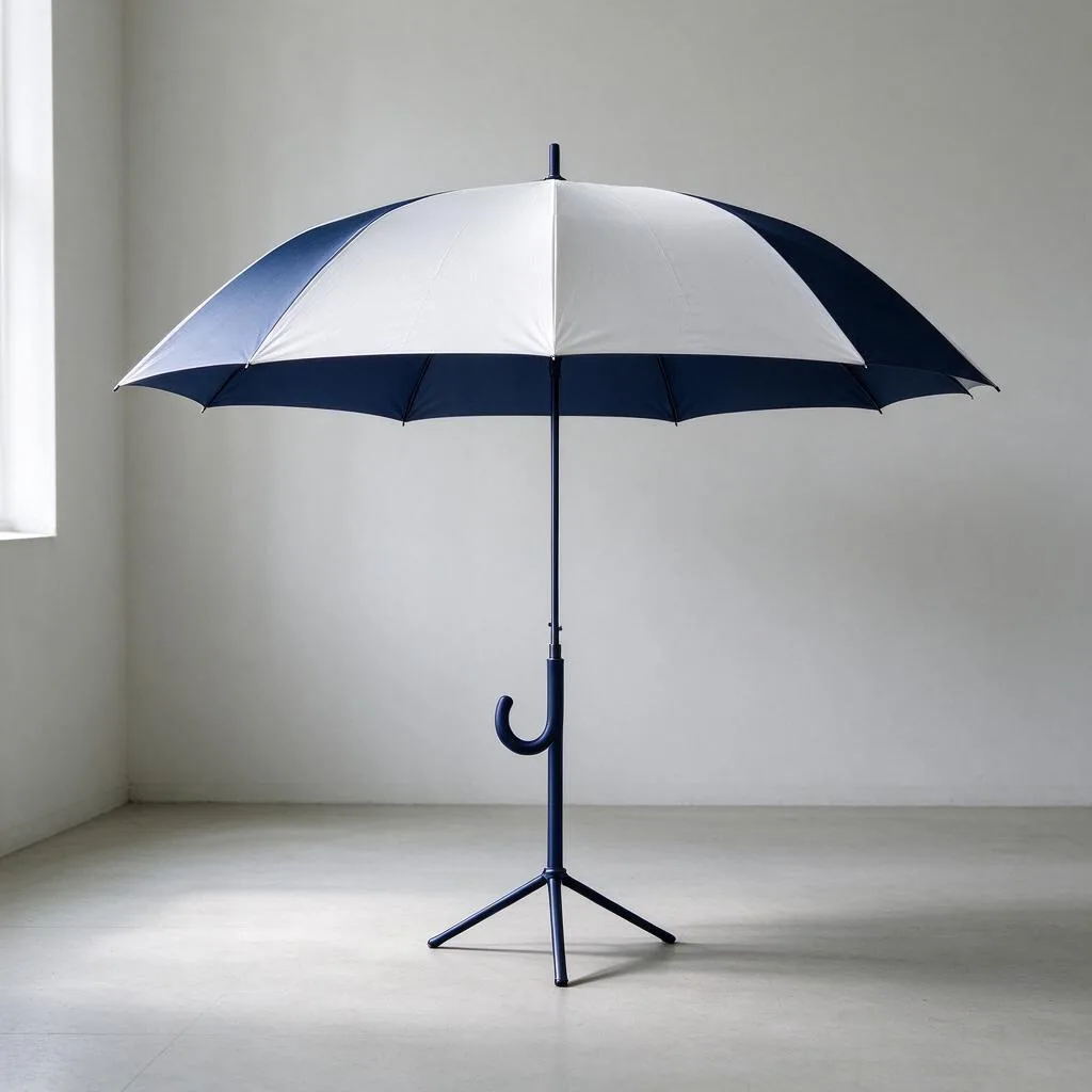 Illustration of an open umbrella in navy and white tones standing indoors on a pale floor