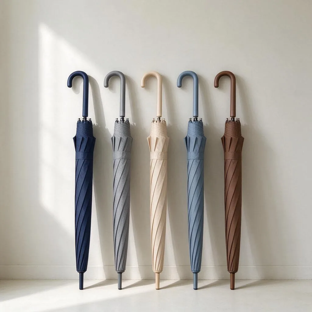 Illustration of closed umbrellas standing upright in a row against a pale wall