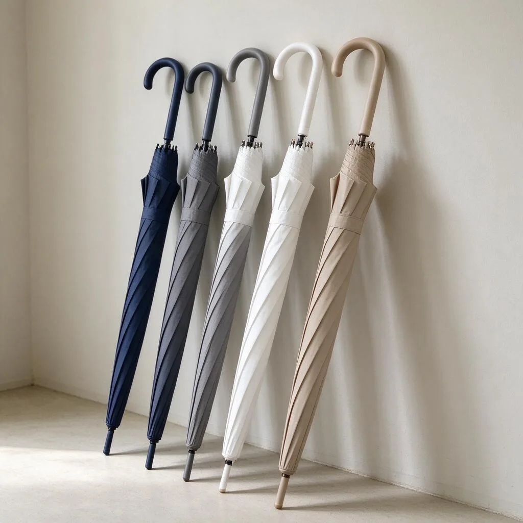 Illustration of closed umbrellas in navy, grey, white and beige tones leaning against a pale wall